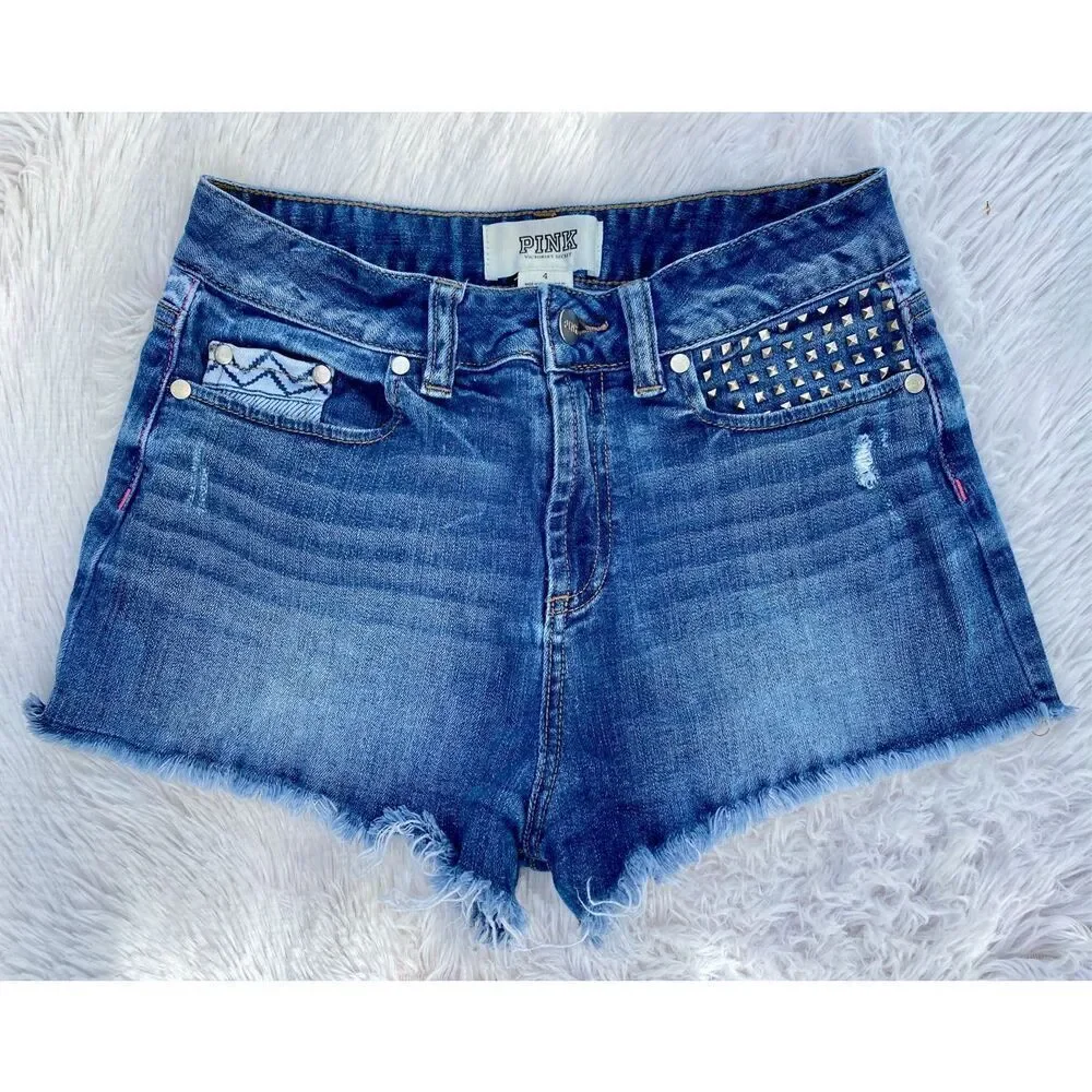 Victoria’s Secret Pink SZ 4 Cheeky High-Rise Denim Factory Distressed Sh… - Picture 11 of 11